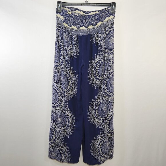 Camaroha Sutra Women's Small Blue Floral Print Layered Split Wide Leg Pants Boho - Picture 11 of 15